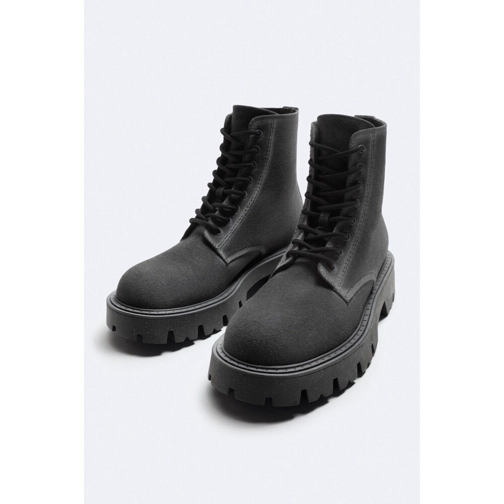 Zara Men Lace-Up Black Canvas Chunky Lug Style Boots Distressed US 7 EUR 40 NWT